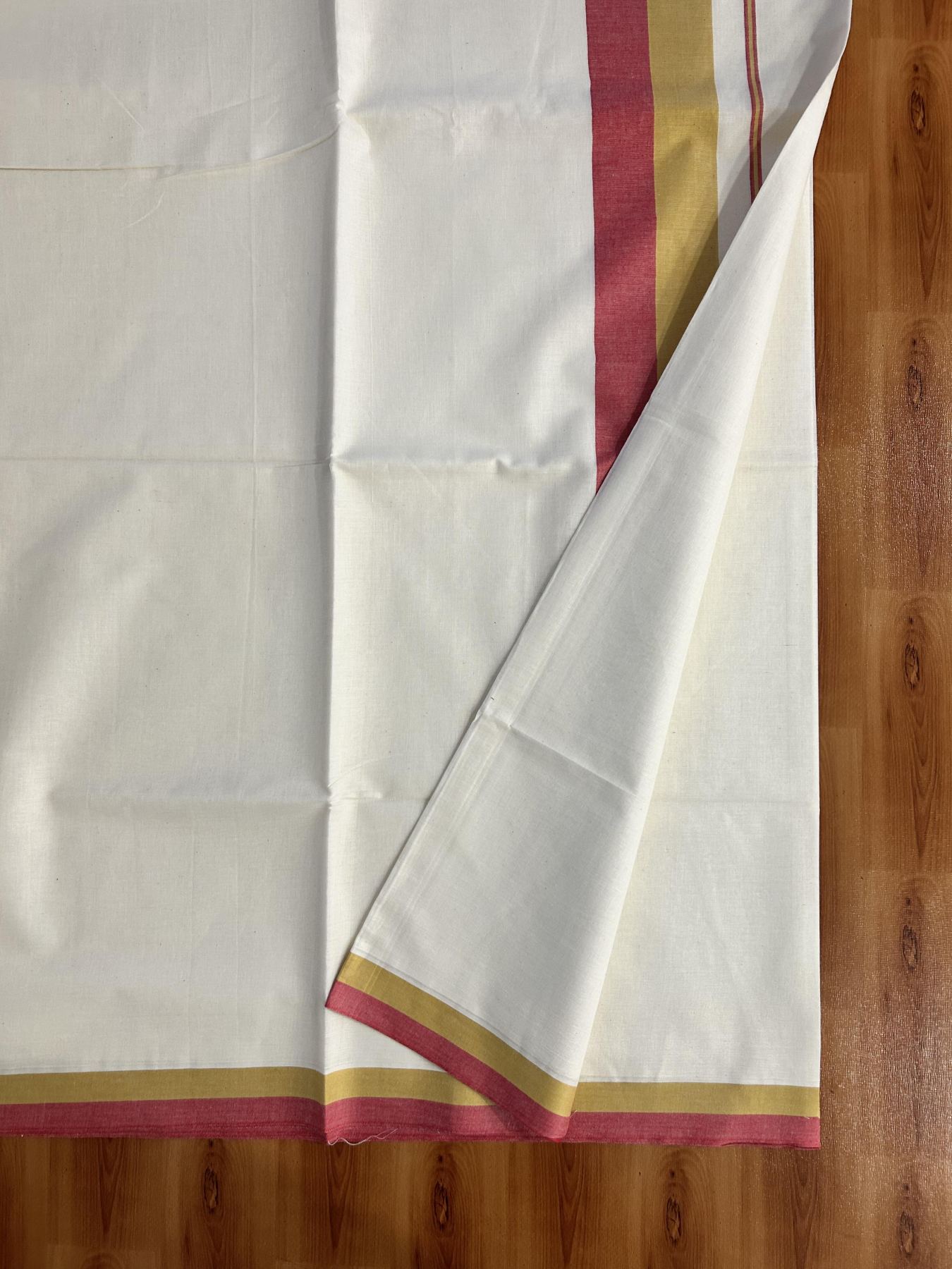 Off White Saree - 25% Discount! Kaitharikada Kerala Traditional Mixed Cotton Saree - 3 Inch Pallu - Yellow & Brick Red Striped Kara - 63 KK7000 PMC