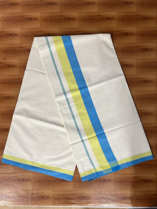 Off White Saree - 25% Discount! Kaitharikada Kerala Traditional Mixed Cotton Saree - 3 Inch Pallu - Sky Blue & Lemon Yellow Striped Kara - 62 KK7000 PMC