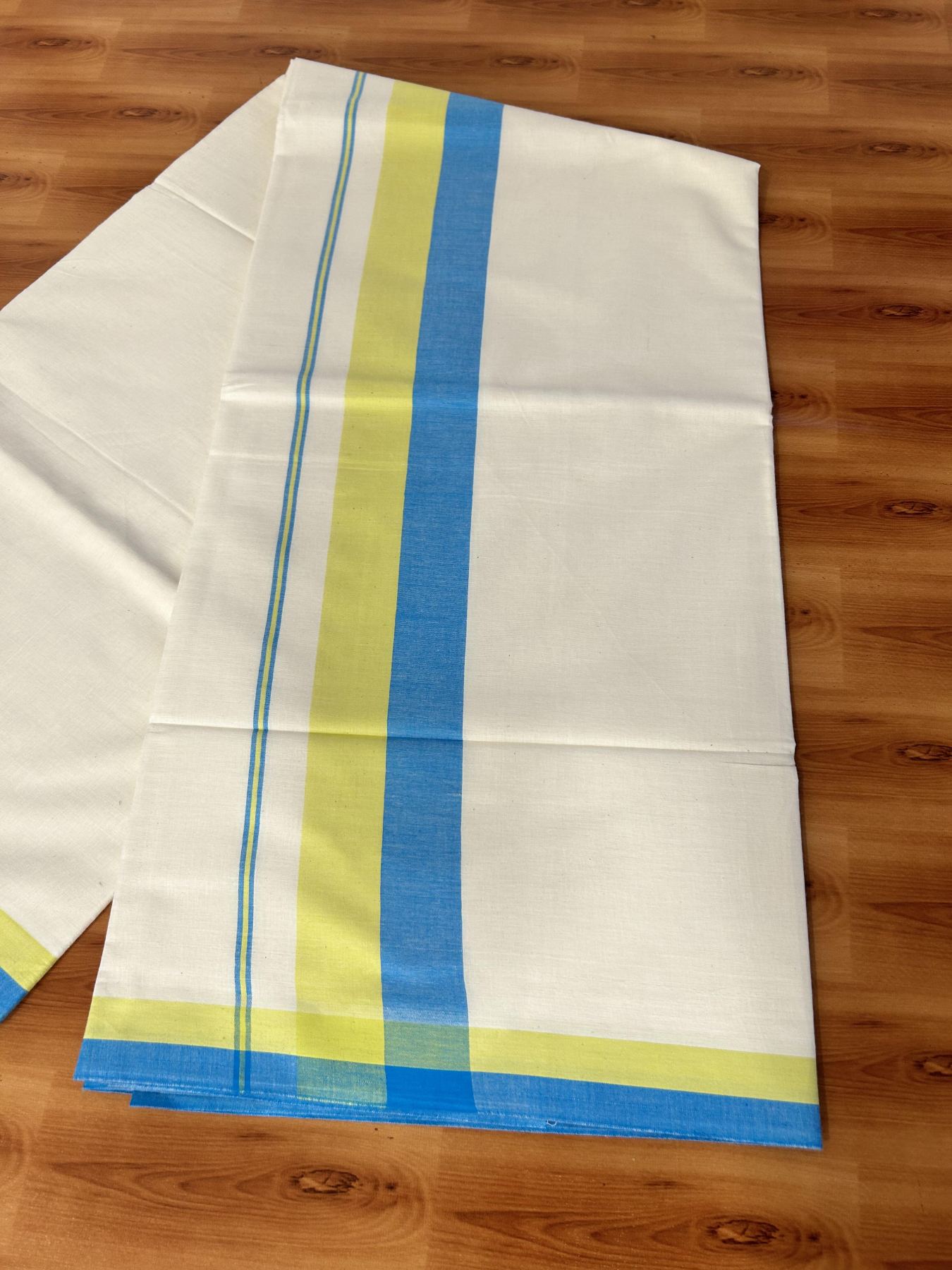 Off White Saree - 25% Discount! Kaitharikada Kerala Traditional Mixed Cotton Saree - 3 Inch Pallu - Sky Blue & Lemon Yellow Striped Kara - 62 KK7000 PMC