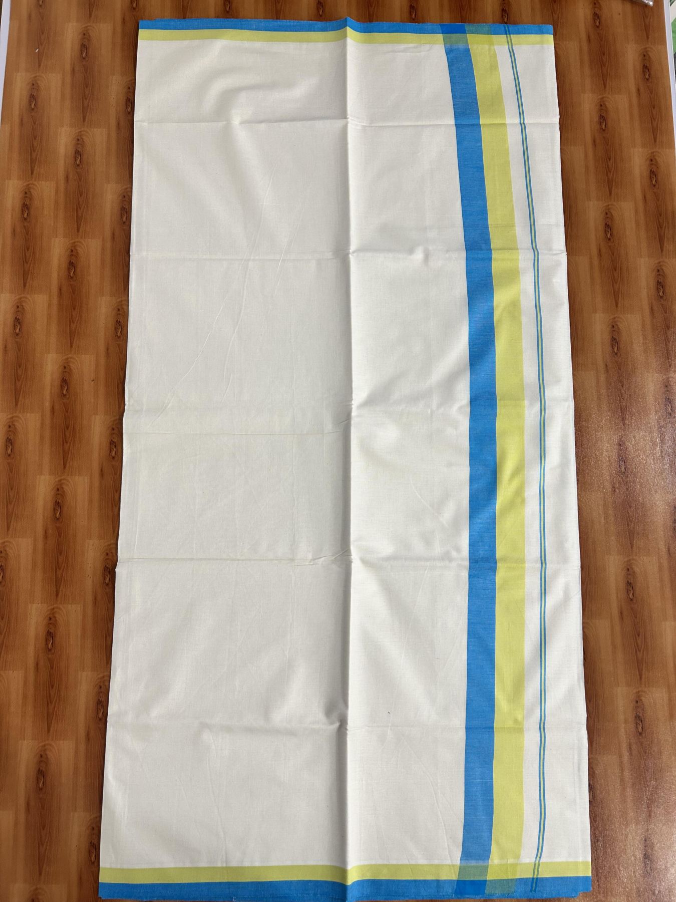 Off White Saree - 25% Discount! Kaitharikada Kerala Traditional Mixed Cotton Saree - 3 Inch Pallu - Sky Blue & Lemon Yellow Striped Kara - 62 KK7000 PMC