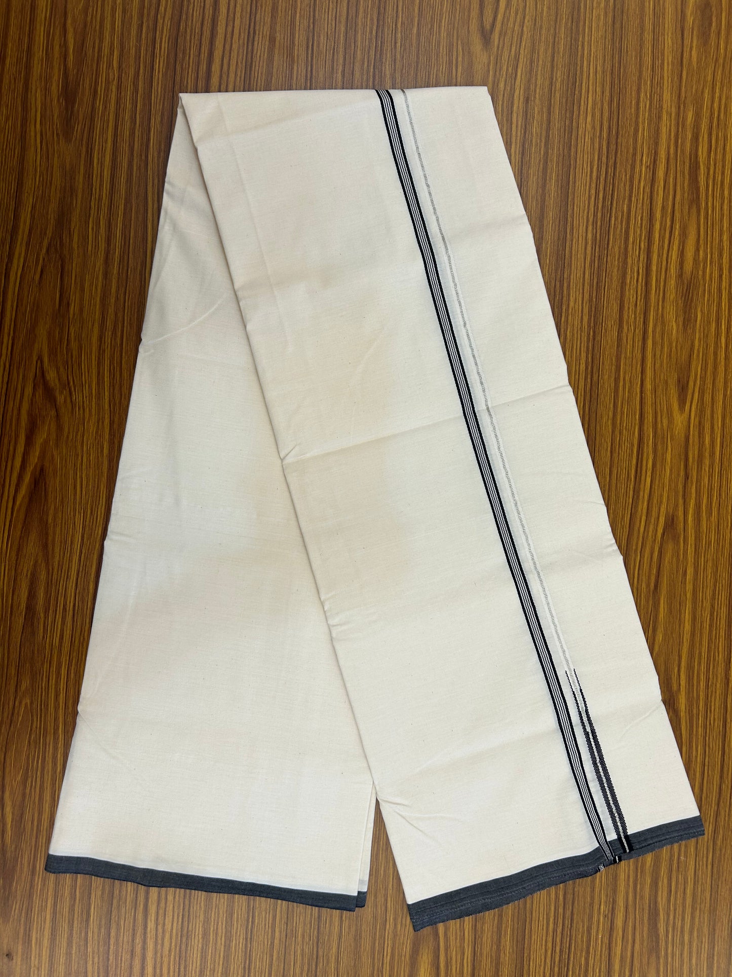 20% Discount ! KaithariKada Balaramapuram 100% Cotton Single Off White (Unbleached) Mundu/Dhoti-Twisted 100s Thread- 1 cm Puliyilakkara Silver Kasavu & Black Striped Chutty Kara  (2 meter / 4 muzham)- 26 KK5371 ASH