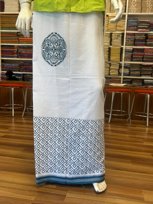 7% Discount!!! Kaitharikada Pure Cotton - Single Kaily / Lungi -1.75 inch Peacock Blue Printed Kuppadam Border with White colour body (2 meter / 4 muzham) - 9KK8022 AS