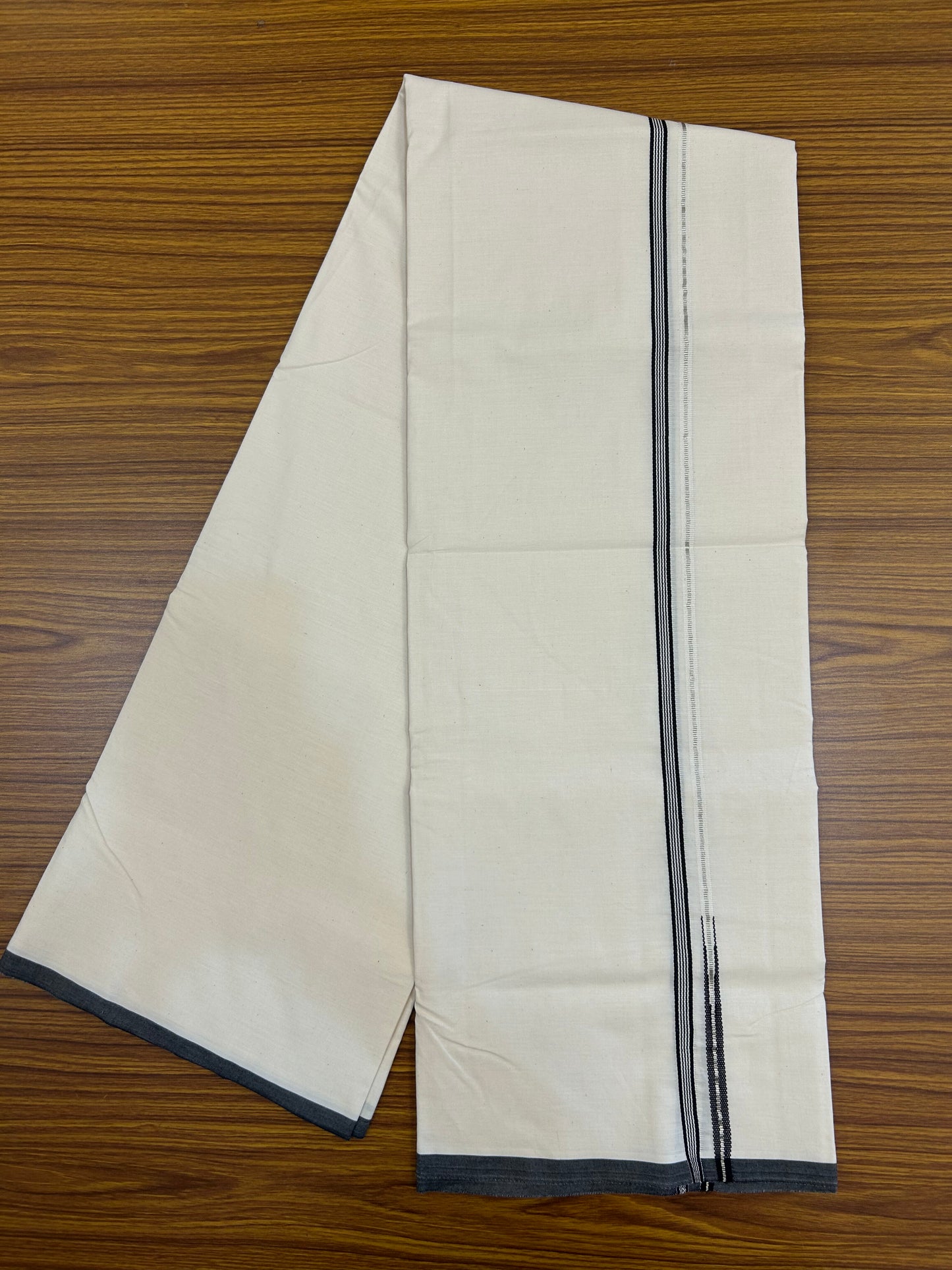 20% Discount ! KaithariKada Balaramapuram 100% Cotton Single Off White (Unbleached) Mundu/Dhoti-Twisted 100s Thread- 1 cm Puliyilakkara Silver Kasavu & Black Striped Chutty Kara  (2 meter / 4 muzham)- 26 KK5371 ASH