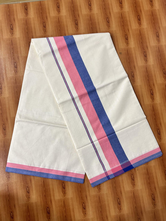 Off White Saree - 25% Discount! Kaitharikada Kerala Traditional Mixed Cotton Saree - 3 Inch Pallu - Pink & Dark Blue Striped Kara - 64 KK7000 PMC