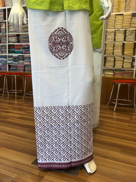 7% Discount!!! Kaitharikada Pure Cotton - Single Kaily / Lungi -1.75 inch Maroon Printed Kuppadam Border with White colour body (2 meter / 4 muzham) - 7KK8022 AS