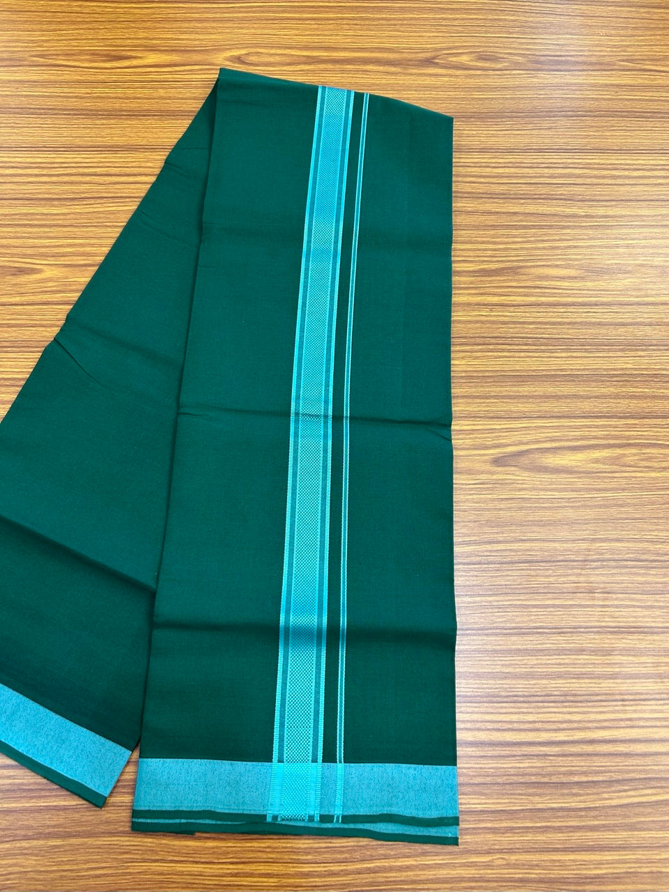 19% Discount!!! Kaitharikada - Single Kaily / Lungi - 1.25 inch Turquoise Green Pattern striped kara with Bottle Green colour body  (2 meter / 4 muzham) - 44 KK8035 GAN