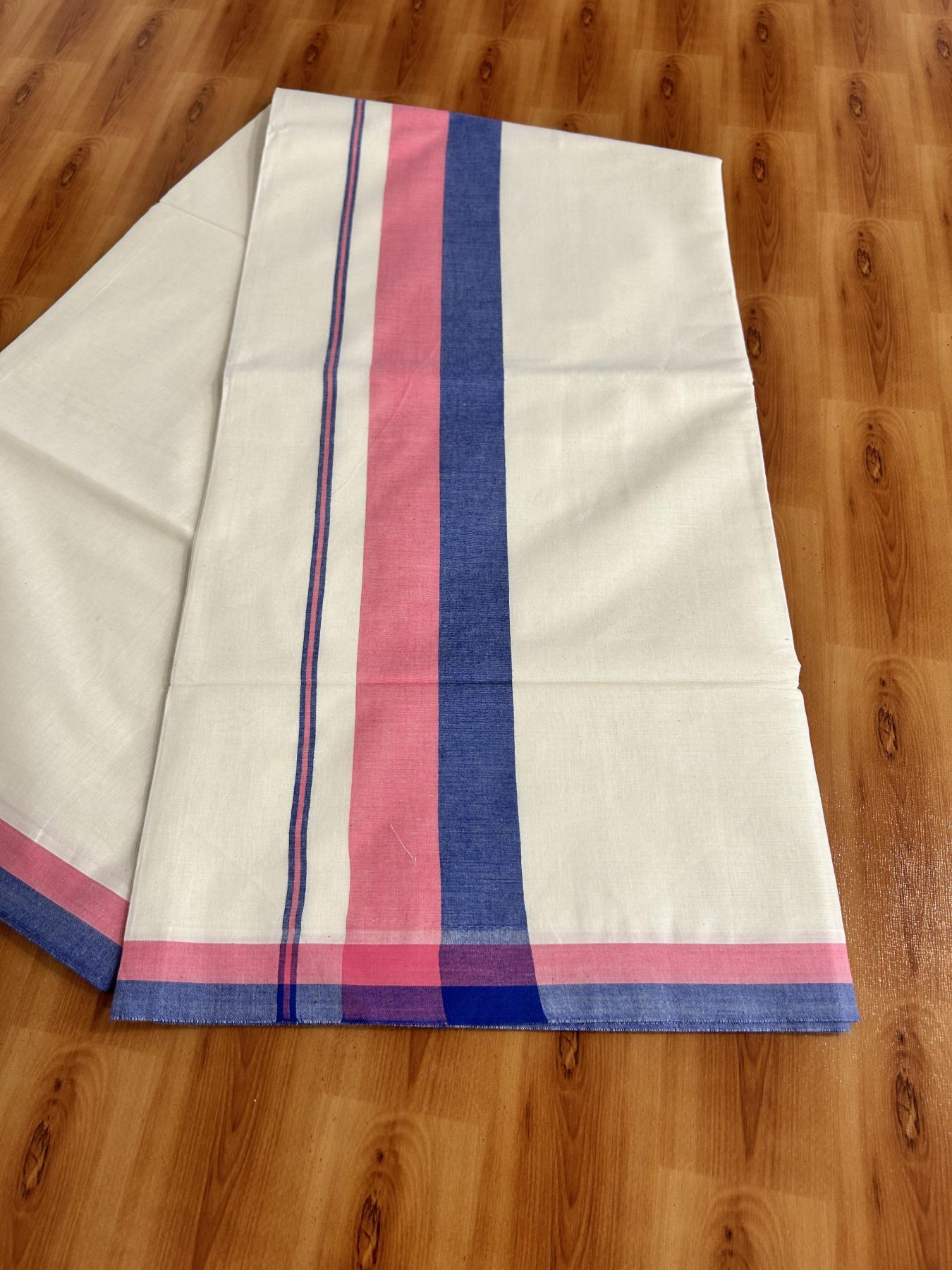Off White Saree - 25% Discount! Kaitharikada Kerala Traditional Mixed Cotton Saree - 3 Inch Pallu - Pink & Dark Blue Striped Kara - 64 KK7000 PMC