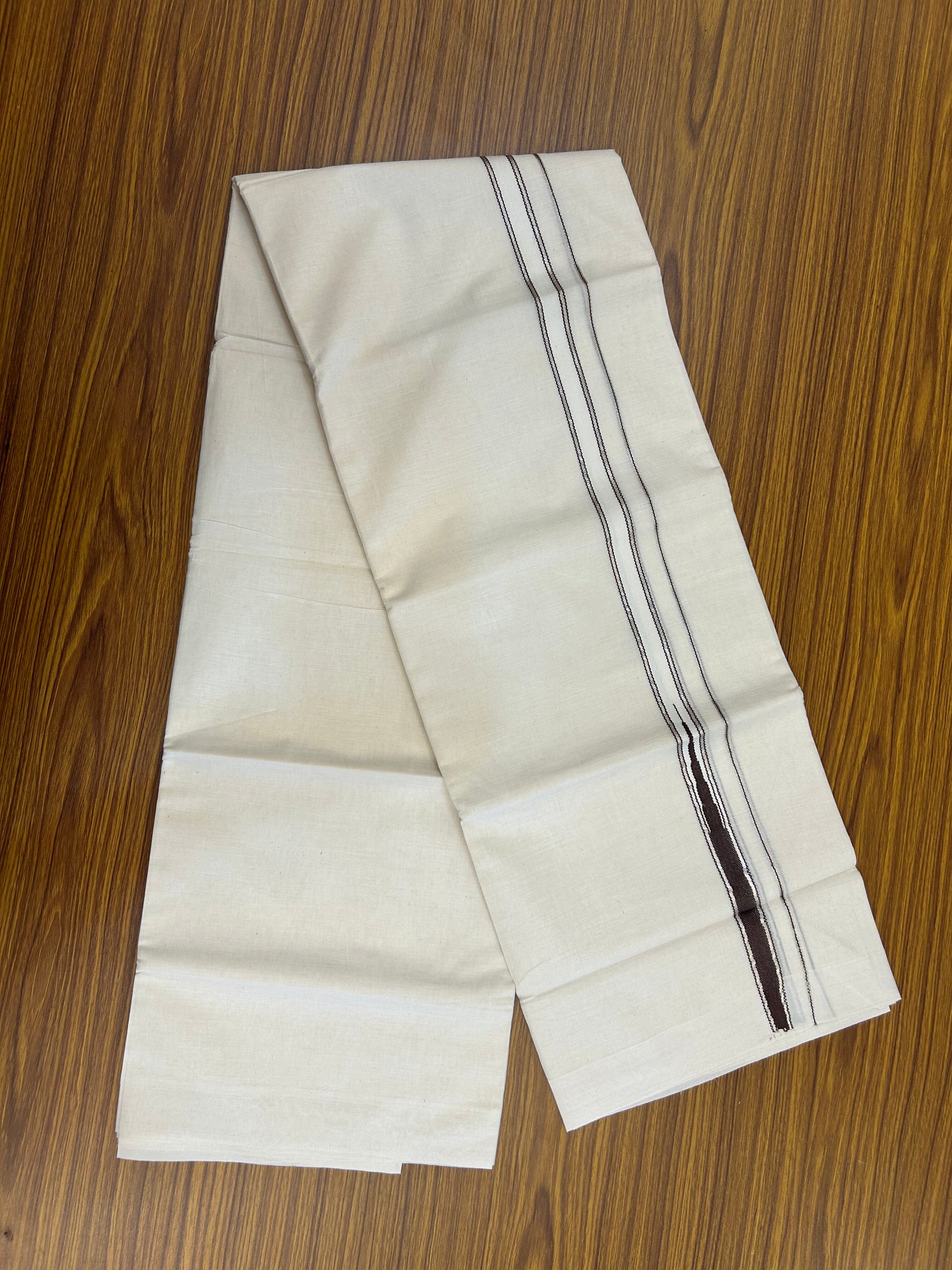 20% Discount!! KaithariKada Balaramapuram Pure Cotton Double Off White - (Unbleached) - Mundu/Dhoti - 100x80 - 1 inch Puliyilakkara Silver Kasav & Chocolate Brown Stripes One Side Chutty Kara 4 mtr (8.5 muzham) - 22 KK5371 VAS