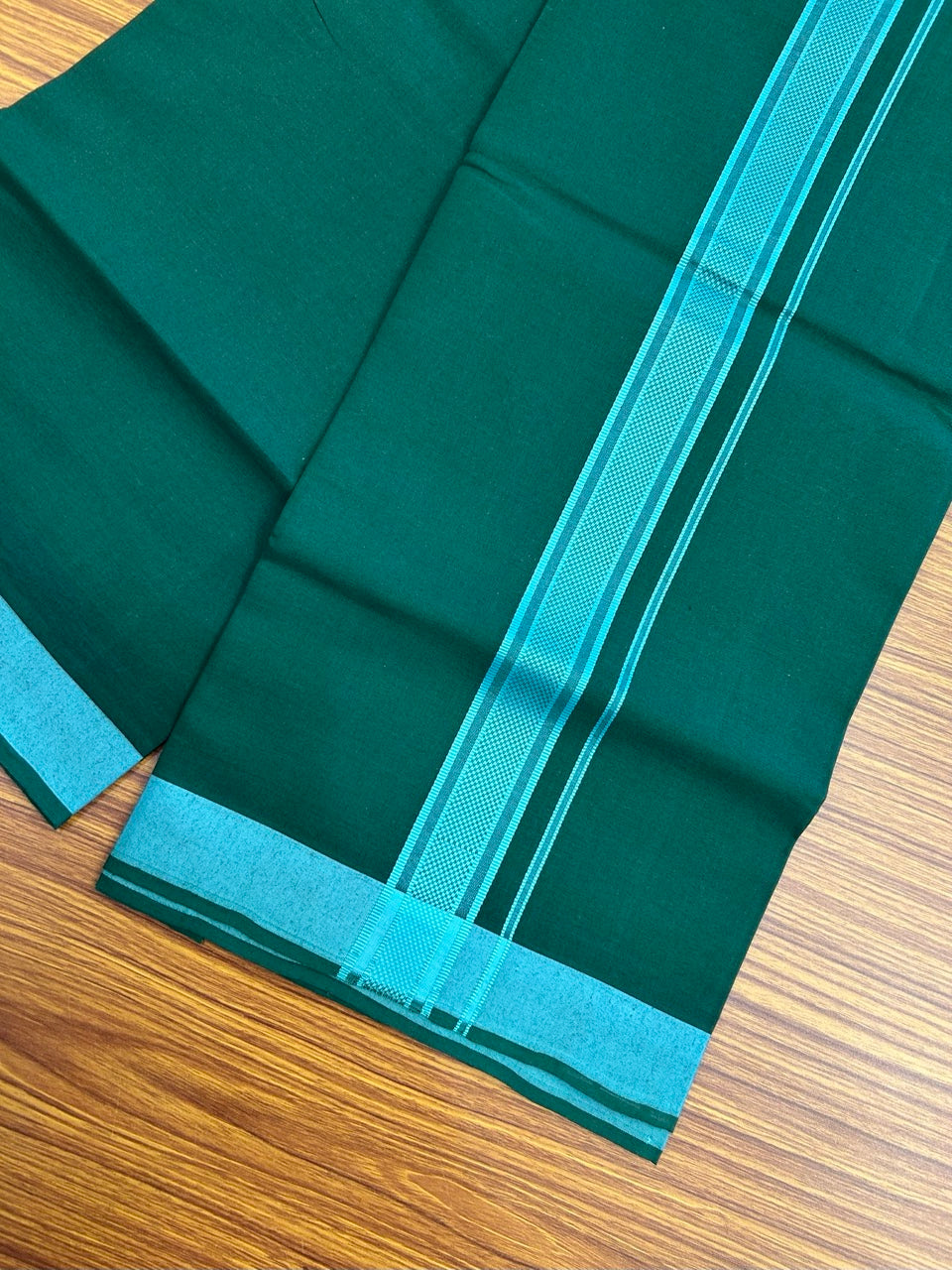 19% Discount!!! Kaitharikada - Single Kaily / Lungi - 1.25 inch Turquoise Green Pattern striped kara with Bottle Green colour body  (2 meter / 4 muzham) - 44 KK8035 GAN