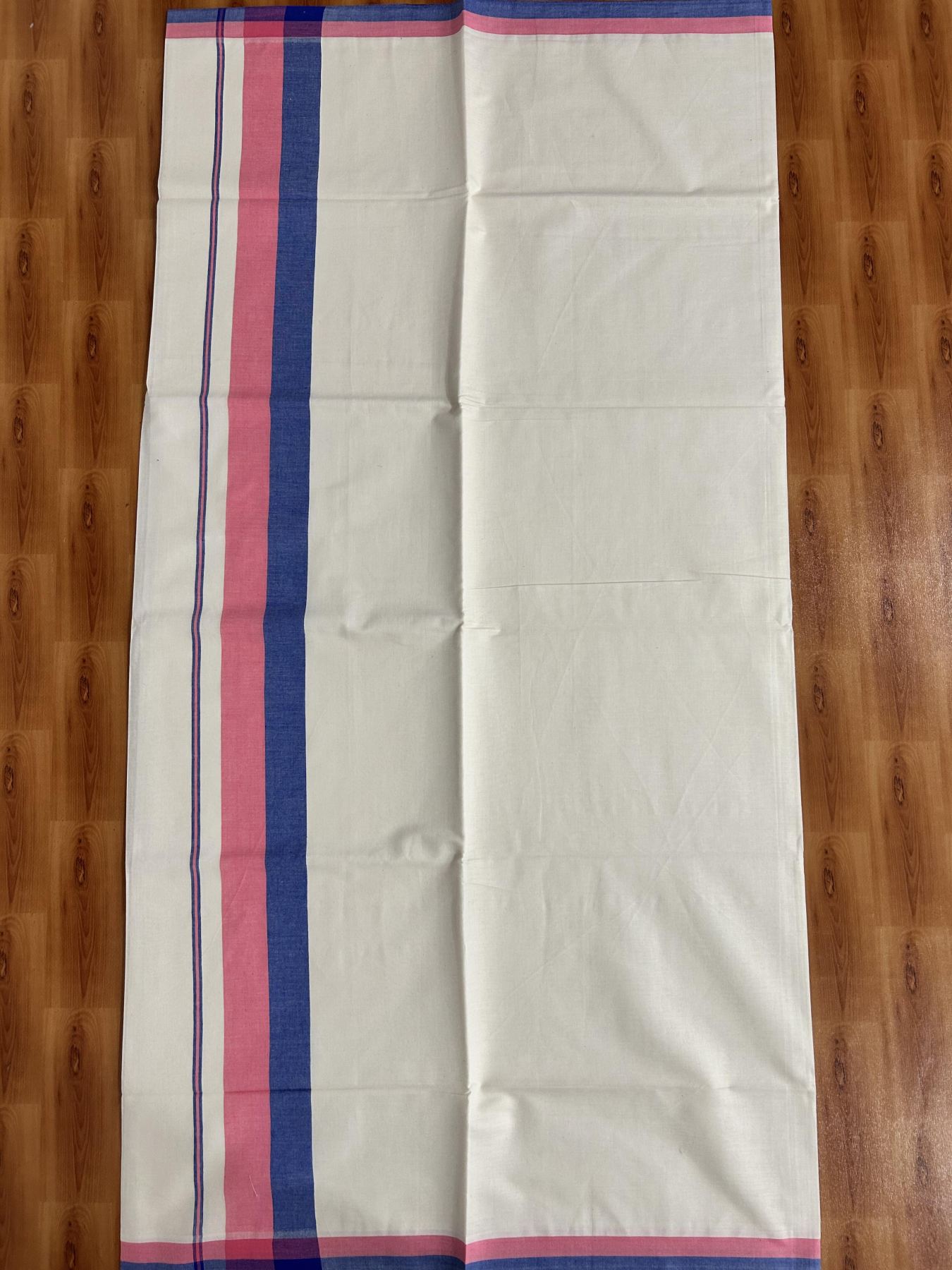 Off White Saree - 25% Discount! Kaitharikada Kerala Traditional Mixed Cotton Saree - 3 Inch Pallu - Pink & Dark Blue Striped Kara - 64 KK7000 PMC