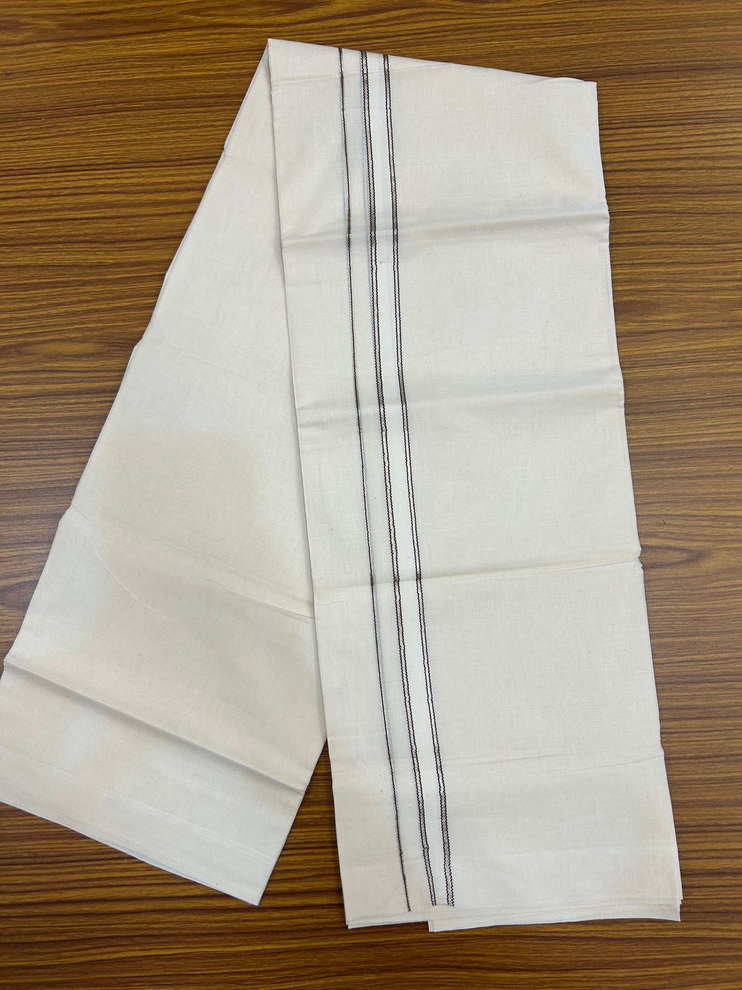 20% Discount!! KaithariKada Balaramapuram Pure Cotton Double Off White - (Unbleached) - Mundu/Dhoti - 100x80 - 1 inch Puliyilakkara Silver Kasav & Chocolate Brown Stripes One Side Chutty Kara 4 mtr (8.5 muzham) - 22 KK5371 VAS