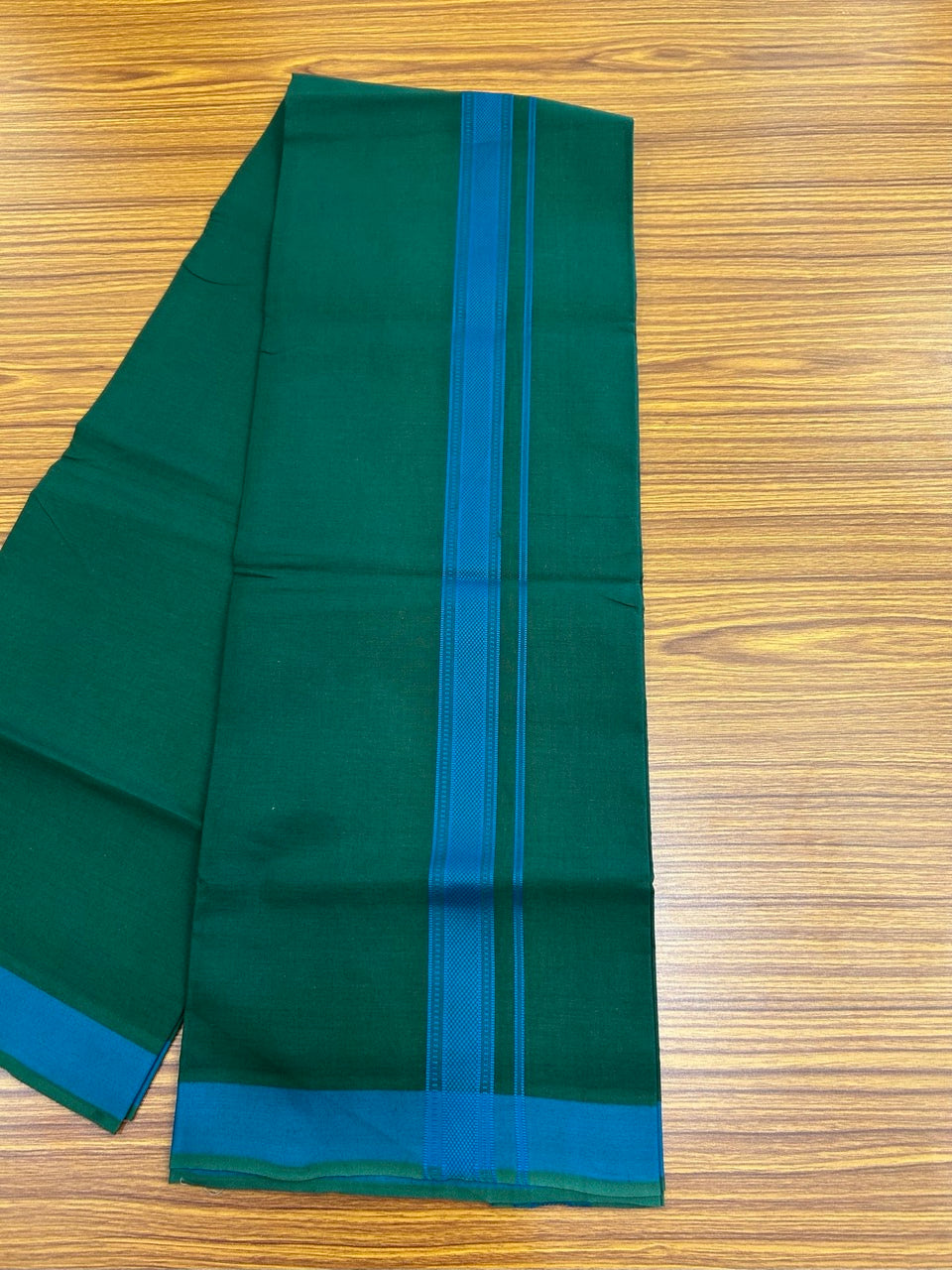 19% Discount!!! Kaitharikada - Single Kaily / Lungi - 1.25 inch Peacock Blue Pattern striped kara with Bottle Green colour body  (2 meter / 4 muzham) - 43 KK8035 GAN