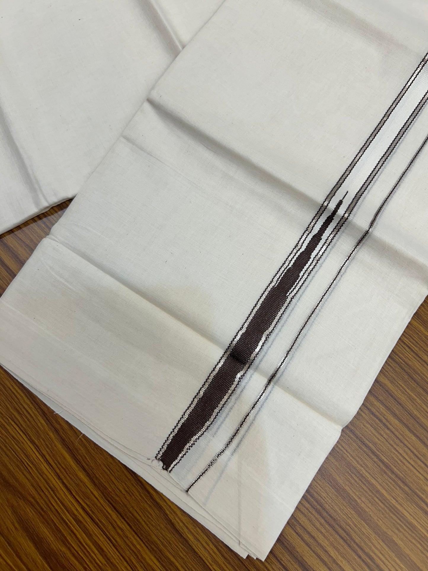 20% Discount!! KaithariKada Balaramapuram Pure Cotton Double Off White - (Unbleached) - Mundu/Dhoti - 100x80 - 1 inch Puliyilakkara Silver Kasav & Chocolate Brown Stripes One Side Chutty Kara 4 mtr (8.5 muzham) - 22 KK5371 VAS