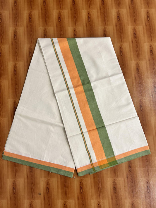 Off White Saree - 25% Discount! Kaitharikada Kerala Traditional Mixed Cotton Saree - 3 Inch Pallu - Orange & Light Olive Green Striped Kara - 65 KK7000 PMC