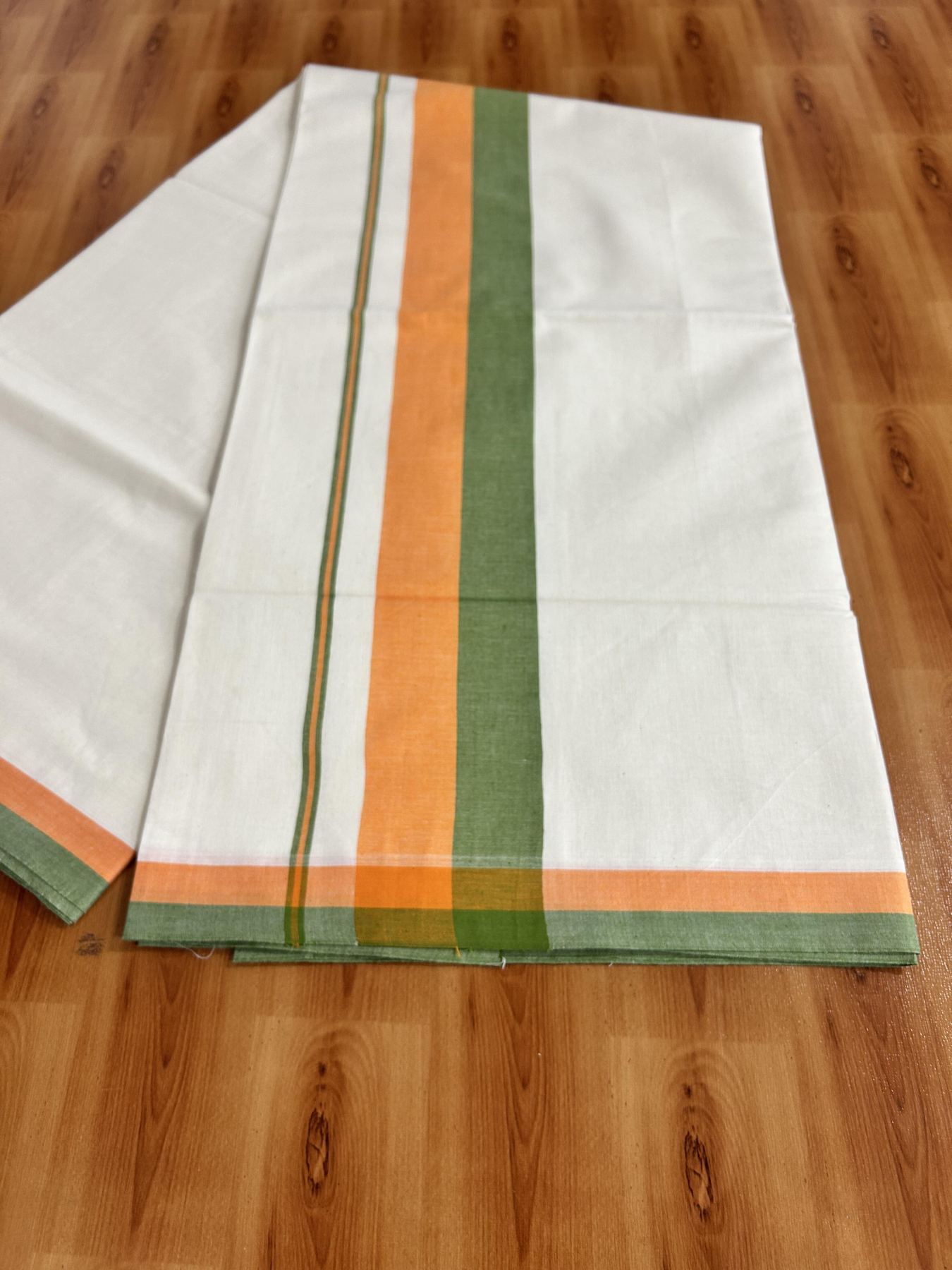 Off White Saree - 25% Discount! Kaitharikada Kerala Traditional Mixed Cotton Saree - 3 Inch Pallu - Orange & Light Olive Green Striped Kara - 65 KK7000 PMC