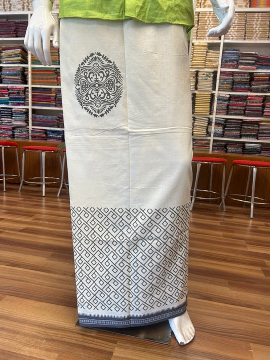 9% Discount !! Kaitharikada Pure Cotton Single OFF WHITE - (Unbleached) Kaily / Lungi - 1.75 inch GREY Printed Kuppadam Border with OFF WHITE colour body (2 meter / 4 muzham)- 2KK8022 AS