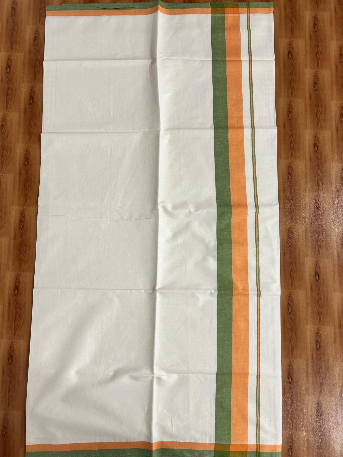 Off White Saree - 25% Discount! Kaitharikada Kerala Traditional Mixed Cotton Saree - 3 Inch Pallu - Orange & Light Olive Green Striped Kara - 65 KK7000 PMC