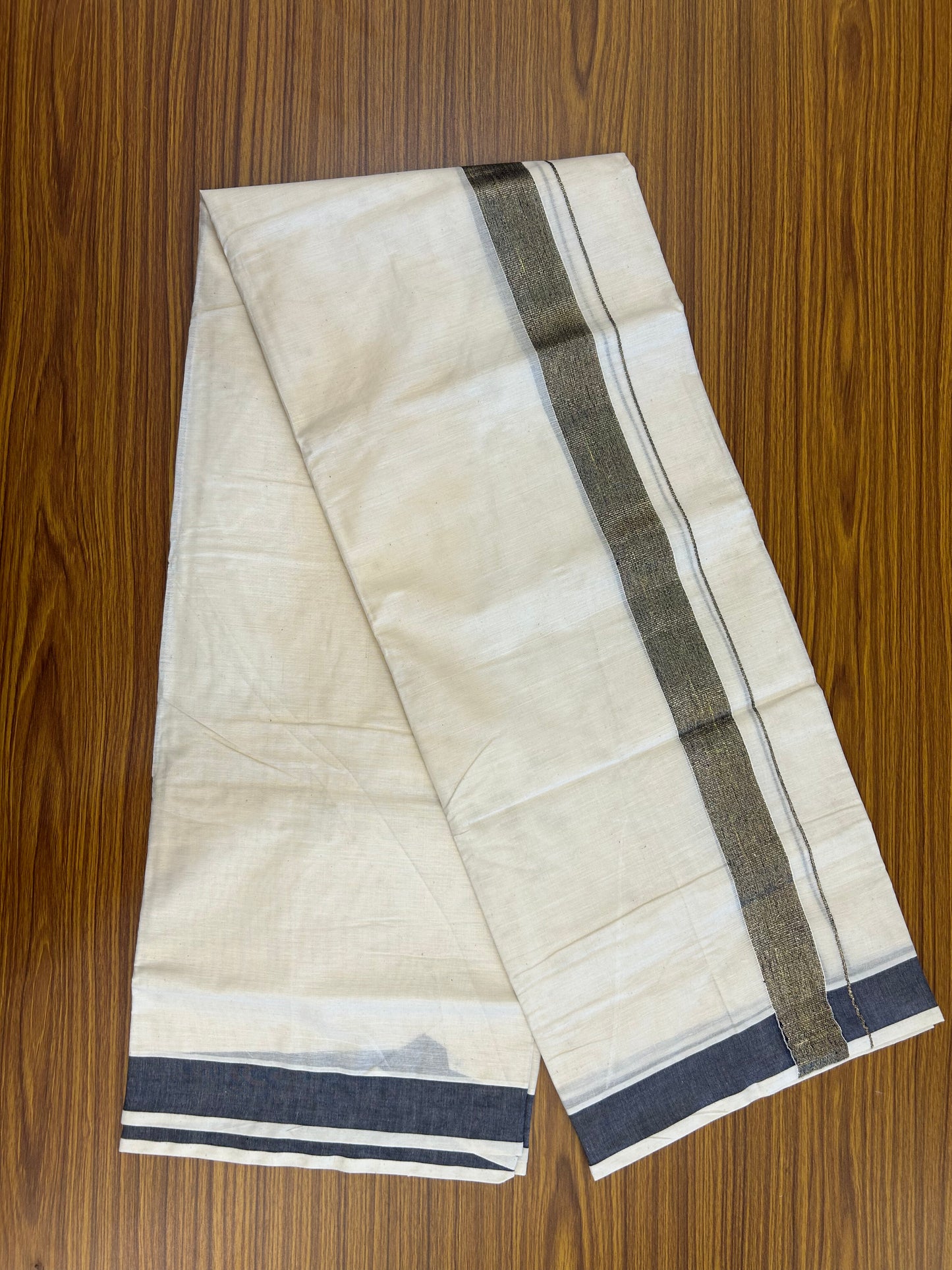20% Discount ! KaithariKada Balaramapuram Mixed Cotton Off White (Unbleached) Double Mundu/Dhoti - 60s Thread Mixed Cotton - 1.5 inch Navy Blue & Gold Kasav Kara - 15 KK5371 VIN