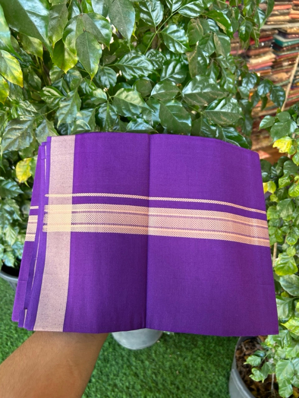 19% Discount!!! Kaitharikada - Single Kaily / Lungi - 1.25 inch Sand Brown Pattern striped kara with Deep Violet colour body  (2 meter / 4 muzham) - 47 KK8035 GAN