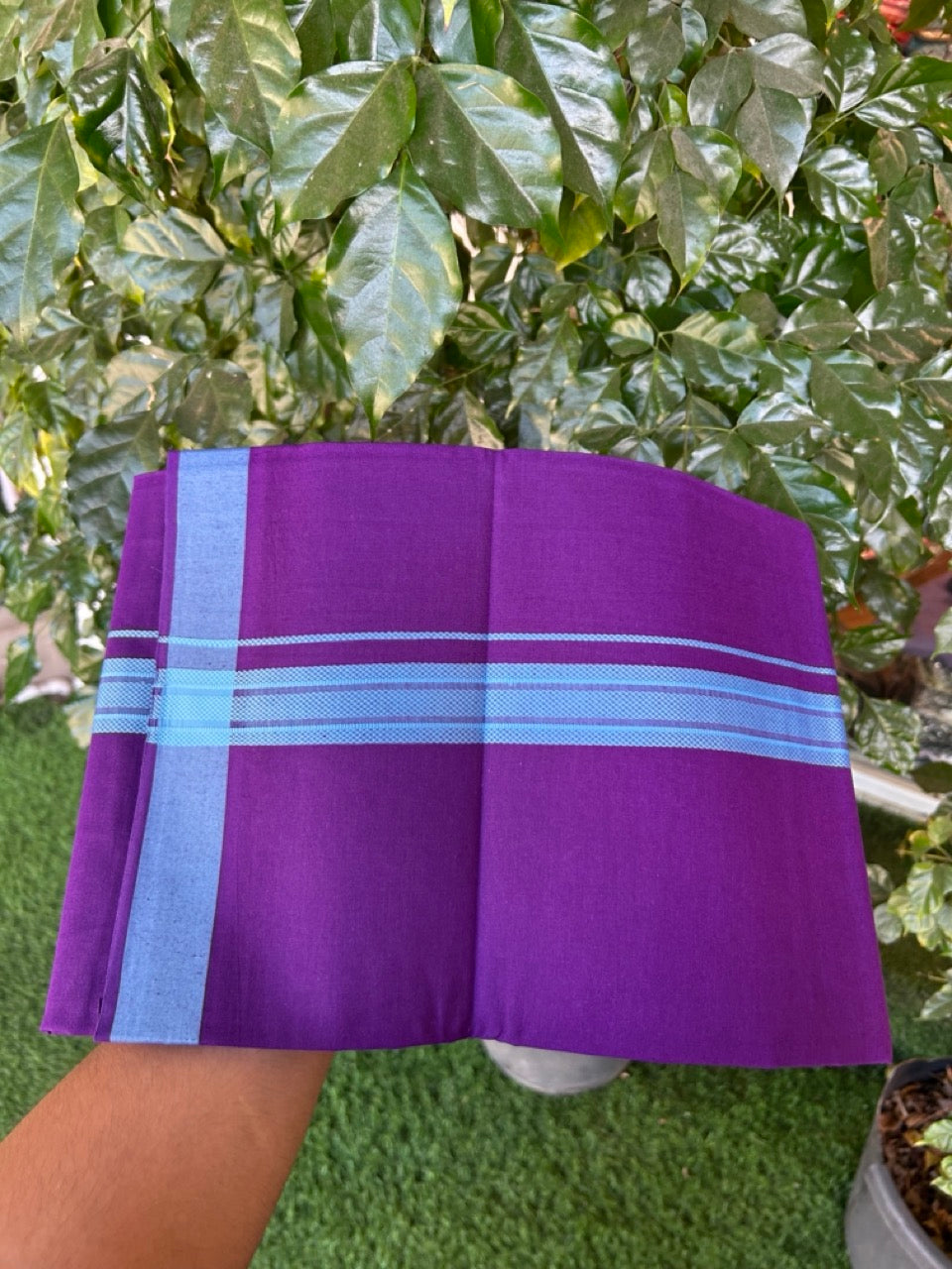 19% Discount!!! Kaitharikada - Single Kaily / Lungi - 1.25 inch Light Blue Pattern striped kara with Deep Violet colour body  (2 meter / 4 muzham) - 48 KK8035 GAN