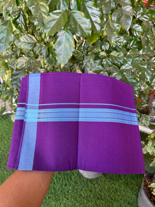 19% Discount!!! Kaitharikada - Single Kaily / Lungi - 1.25 inch Light Blue Pattern striped kara with Deep Violet colour body  (2 meter / 4 muzham) - 48 KK8035 GAN