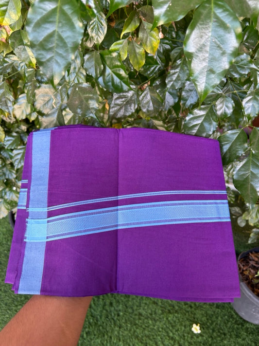 19% Discount!!! Kaitharikada - Single Kaily / Lungi - 1.25 inch Light Blue Pattern striped kara with Deep Violet colour body  (2 meter / 4 muzham) - 46 KK8035 GAN