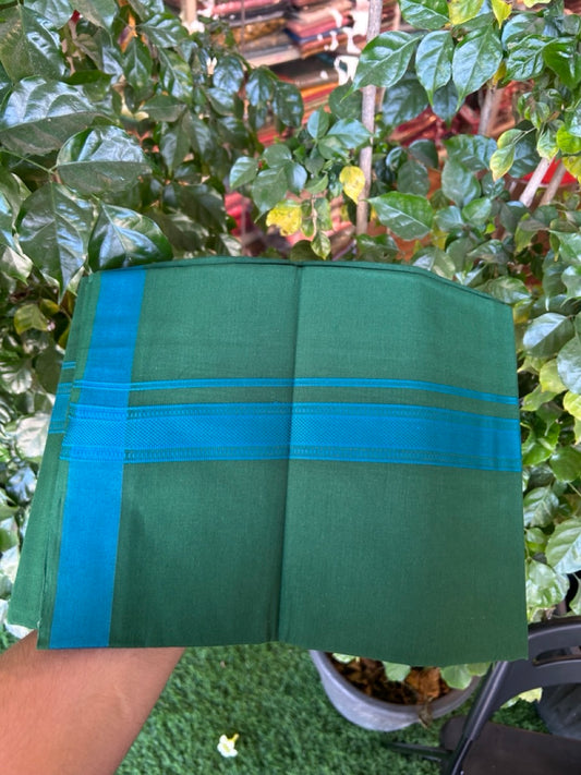 19% Discount!!! Kaitharikada - Single Kaily / Lungi - 1.25 inch Peacock Blue Pattern striped kara with Bottle Green colour body  (2 meter / 4 muzham) - 43 KK8035 GAN