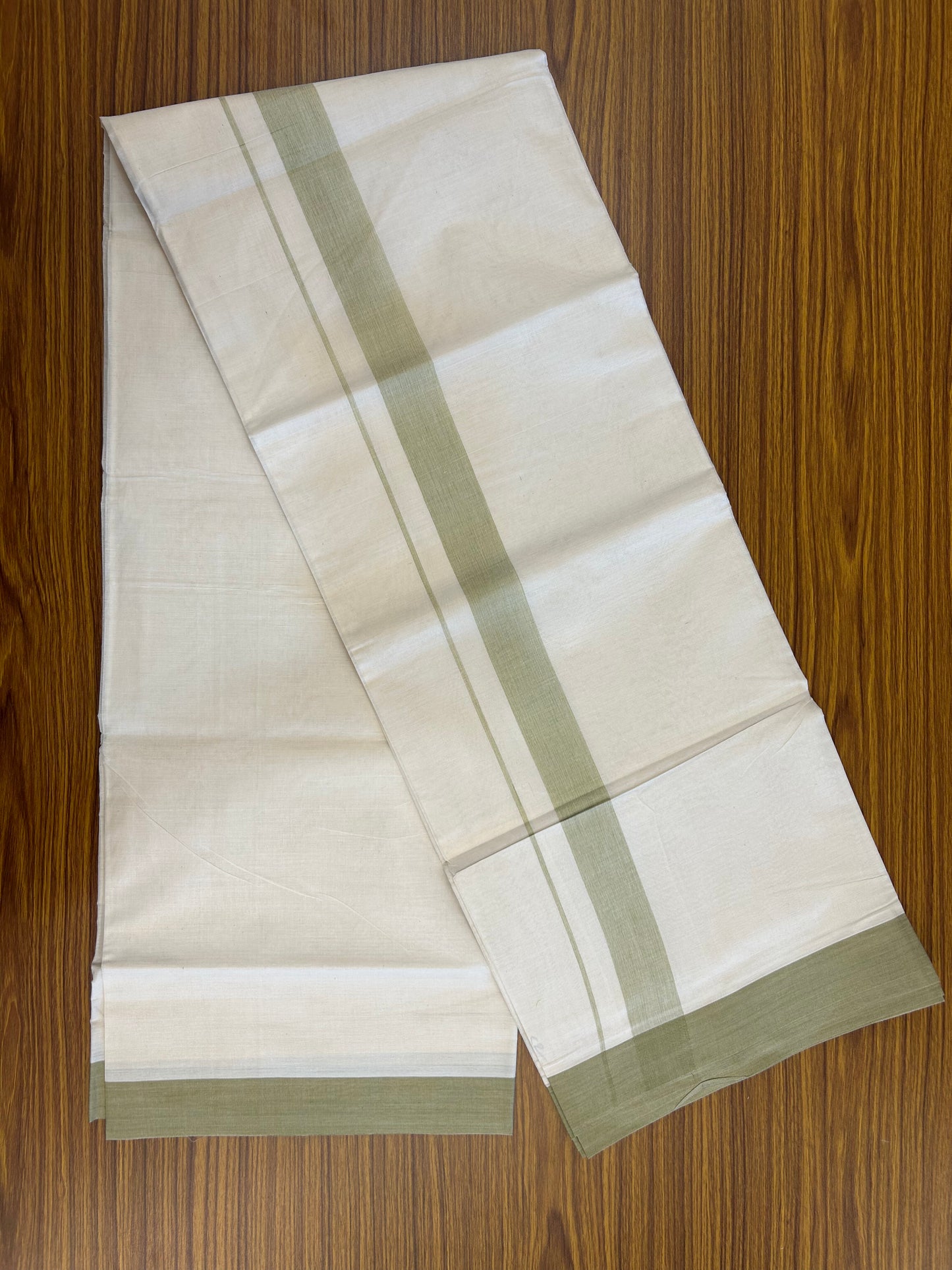 20% Discount ! KaithariKada Balaramapuram 100% Cotton Double Off White (Unbleached) - Mundu / Dhoti- 100x80 -  1.5 inch Light Pista Green Shaded Kara 4 mtr (8.5 Muzham) - 13 KK5371 VIN