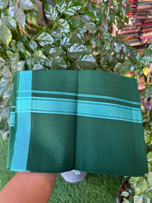 19% Discount!!! Kaitharikada - Single Kaily / Lungi - 1.25 inch Turquoise Green Pattern striped kara with Bottle Green colour body  (2 meter / 4 muzham) - 44 KK8035 GAN