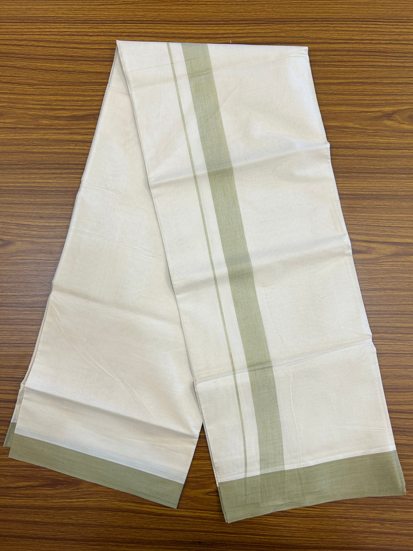 20% Discount ! KaithariKada Balaramapuram 100% Cotton Double Off White (Unbleached) - Mundu / Dhoti- 100x80 -  1.5 inch Light Pista Green Shaded Kara 4 mtr (8.5 Muzham) - 13 KK5371 VIN