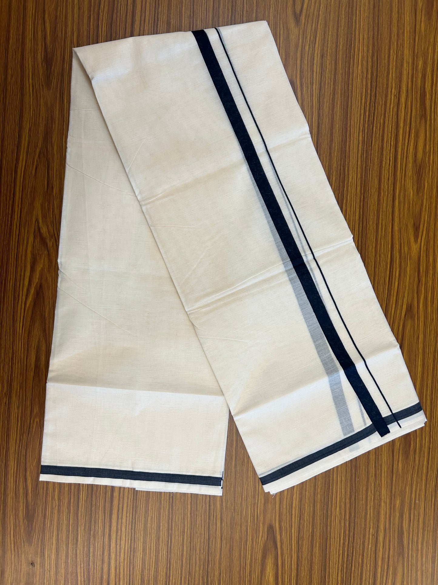 20% Discount! KaithariKada Balaramapuram 100% Cotton Double Off white - (Unbleached) - Mundu/Dhoti  (80s) - 1.5 cm Dark Peacock Blue Kara 4 mtr (8.5 muzham) - 16 KK5371 GAN