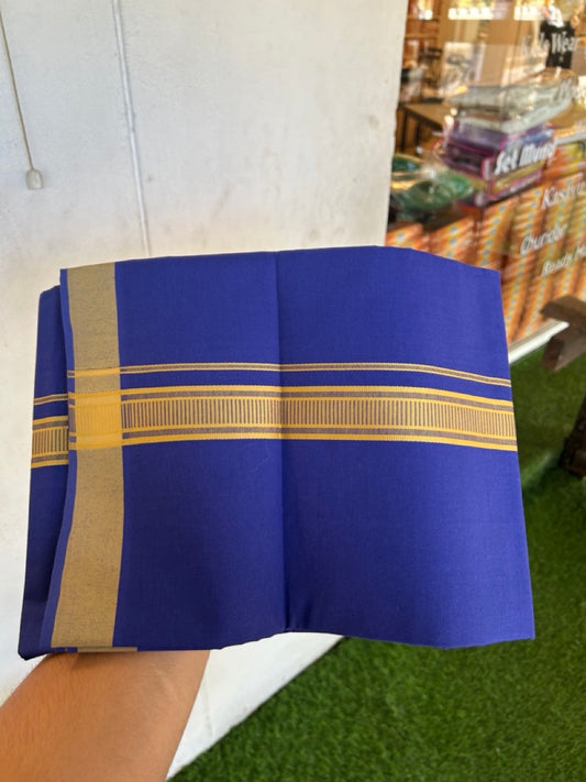 19% Discount!!! Kaitharikada - Single Kaily / Lungi - 1.25 inch Old Gold yellow Pattern striped kara with Dark royal Blue colour body  (2 meter / 4 muzham) - 50 KK8035 GAN