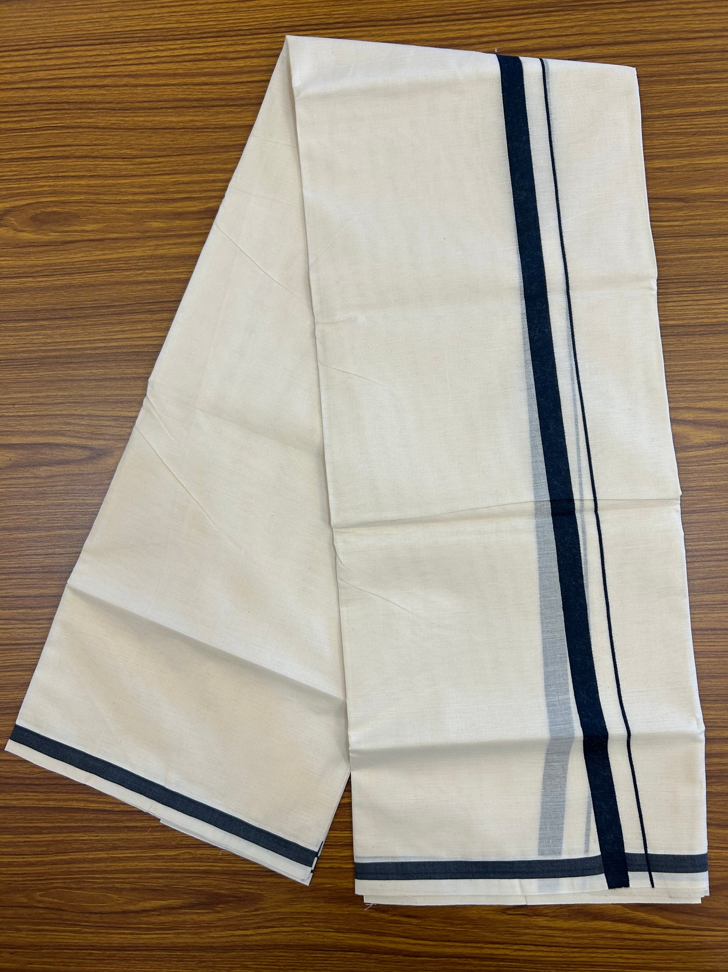 20% Discount! KaithariKada Balaramapuram 100% Cotton Double Off white - (Unbleached) - Mundu/Dhoti  (80s) - 1.5 cm Dark Peacock Blue Kara 4 mtr (8.5 muzham) - 16 KK5371 GAN