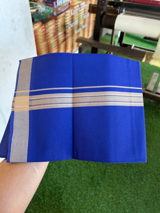 19% Discount!!! Kaitharikada - Single Kaily / Lungi - 1.25 inch Sand Brown Pattern striped kara with Dark royal Blue colour body  (2 meter / 4 muzham) - 51 KK8035 GAN