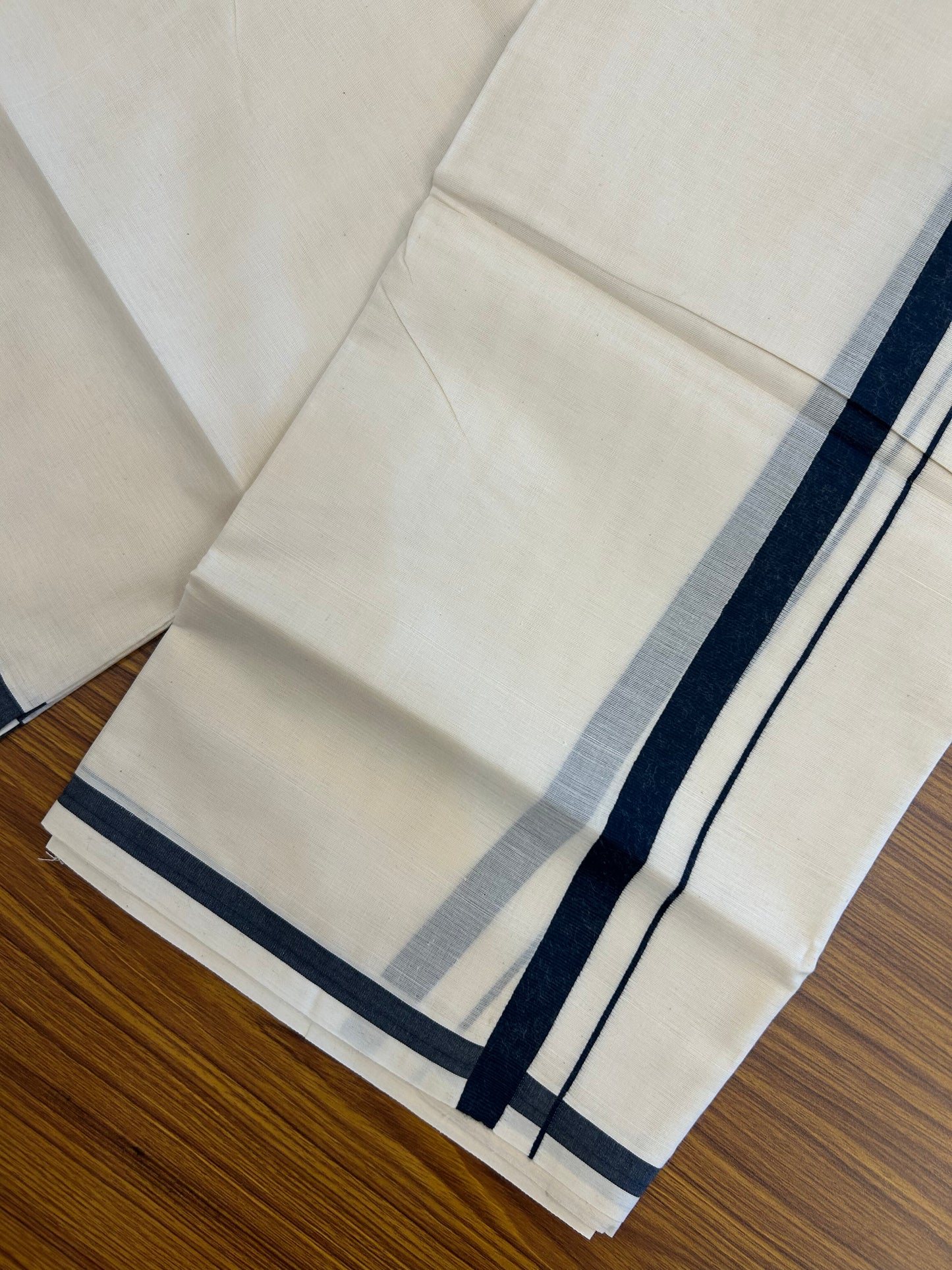 20% Discount! KaithariKada Balaramapuram 100% Cotton Double Off white - (Unbleached) - Mundu/Dhoti  (80s) - 1.5 cm Dark Peacock Blue Kara 4 mtr (8.5 muzham) - 16 KK5371 GAN