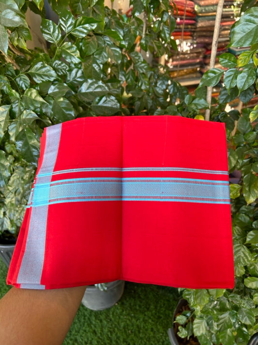 19% Discount!!! Kaitharikada - Single Kaily / Lungi - 1.25 inch Light Blue Pattern striped kara with Chilly Red colour body  (2 meter / 4 muzham) - 57 KK8035 GAN