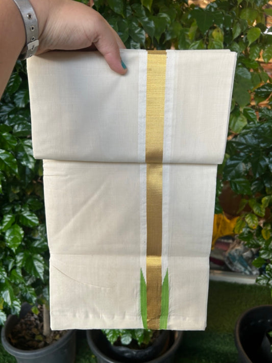 25% Discount ! KaithariKada Handloom Unakkupaav Balaramapuram -  Cotton Off White (Unbleached) Double Mundu/Dothi - 80x90 - 1.5 inch Puliyilakkara Kasavu Parrot Green chutty 3.85 mtr (8 muzham) - 105 KK5256 RAM
