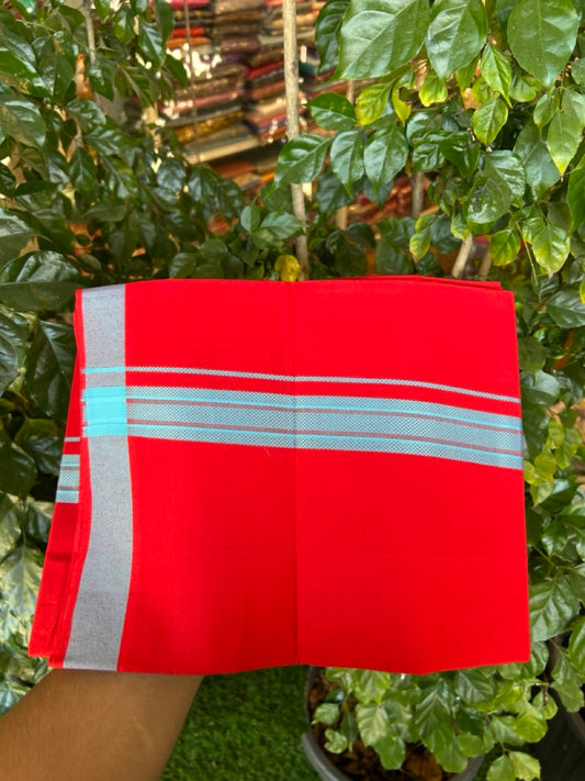 19% Discount!!! Kaitharikada - Single Kaily / Lungi - 1.25 inch Light Blue Pattern striped kara with Chilly Red colour body  (2 meter / 4 muzham) - 56 KK8035 GAN