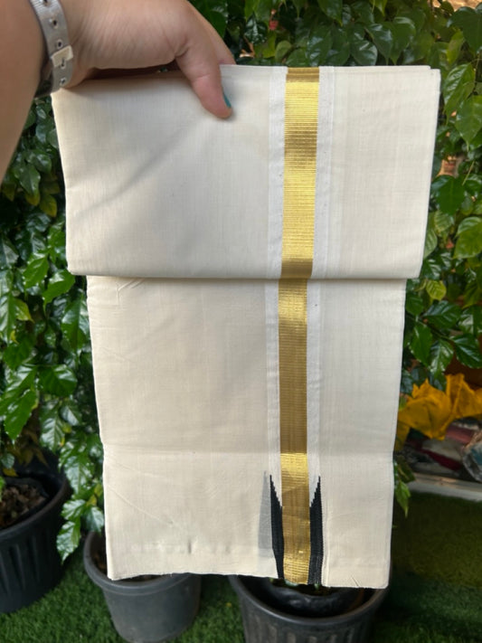 25% Discount ! KaithariKada Handloom Unakkupaav Balaramapuram -  Cotton Off White (Unbleached) Double Mundu/Dothi - 80x90 - 1.5 inch Puliyilakkara Kasavu Black chutty 3.85 mtr (8 muzham) - 106 KK5256 RAM