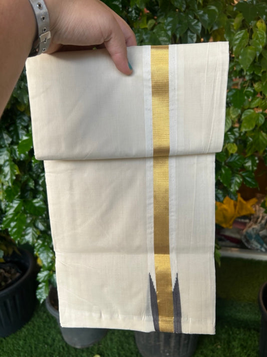 25% Discount ! KaithariKada Handloom Unakkupaav Balaramapuram -  Cotton Off White (Unbleached) Double Mundu/Dothi - 80x90 - 1.5 inch Puliyilakkara Kasavu Dark Ash Grey chutty 3.85 mtr (8 muzham) - 107 KK5256 RAM