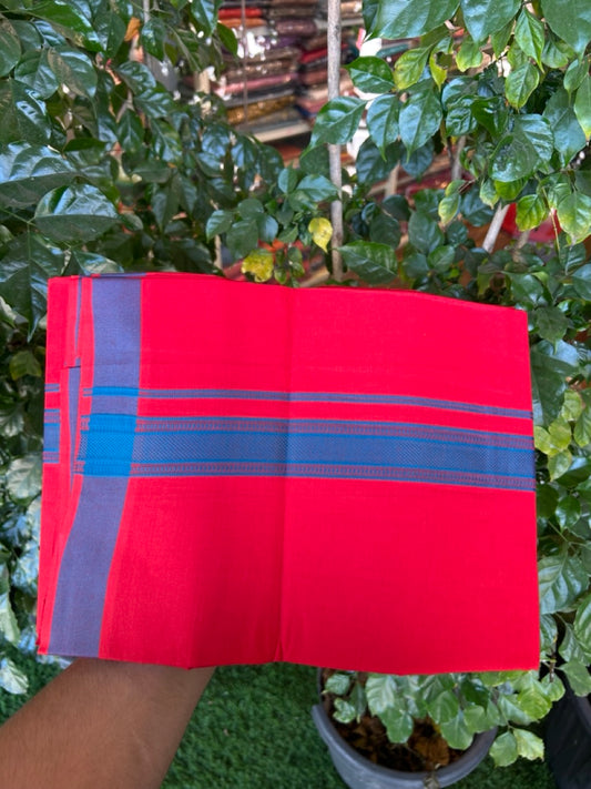 19% Discount!!! Kaitharikada - Single Kaily / Lungi - 1.25 inch Peacock Blue Pattern striped kara with Chilly Red colour body  (2 meter / 4 muzham) - 55 KK8035 GAN