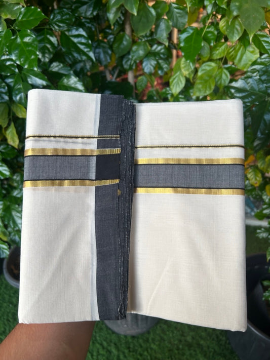 25% Discount ! KaithariKada Handloom Millpaav Balaramapuram - Cotton Off White (Unbleached) Double Mundu/Dothi - 80x90 - 1.5 inch Gold Kasav & Black Mulloth Kara 4 Meters (8.5 Muzham) - 114 KK5256 RAM