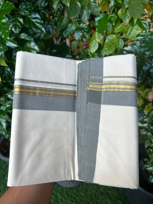 25% Discount ! KaithariKada Handloom Millpaav Balaramapuram - Cotton Off White (Unbleached) Double Mundu/Dothi - 80x90 - 1.25 inch Gold Kasav & Ash Grey Side Stripes Mulloth Kara 4 Meters (8.5 Muzham) - 111 KK5256 RAM