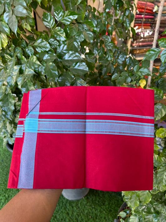 19% Discount!!! Kaitharikada - Single Kaily / Lungi - 1.25 inch Light Blue Pattern striped kara with dark Maroon colour body  (2 meter / 4 muzham) - 52 KK8035 GAN