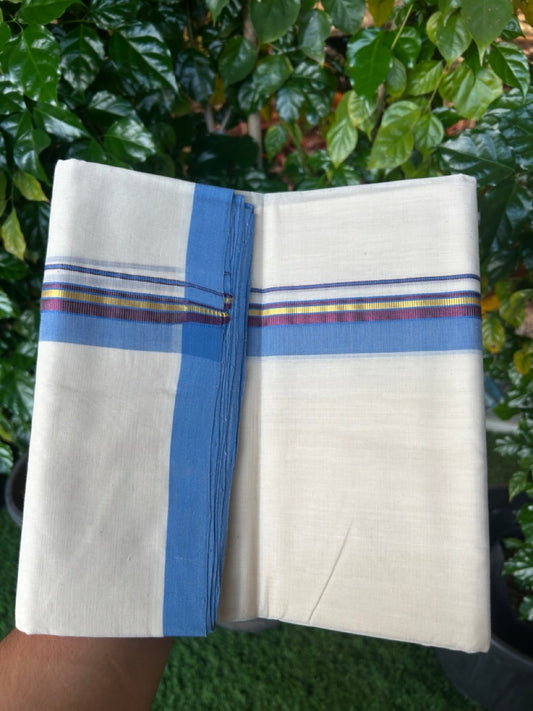 25% Discount ! KaithariKada Handloom Millpaav Balaramapuram -  Cotton Off White (Unbleached) Double Mundu/Dothi - 80x90 - 1.25 inch Gold Kasavu & Purple Kasav , Blue Mulloth Kara 4 Meters (8.5 Muzham) - 117 KK5256 RAM