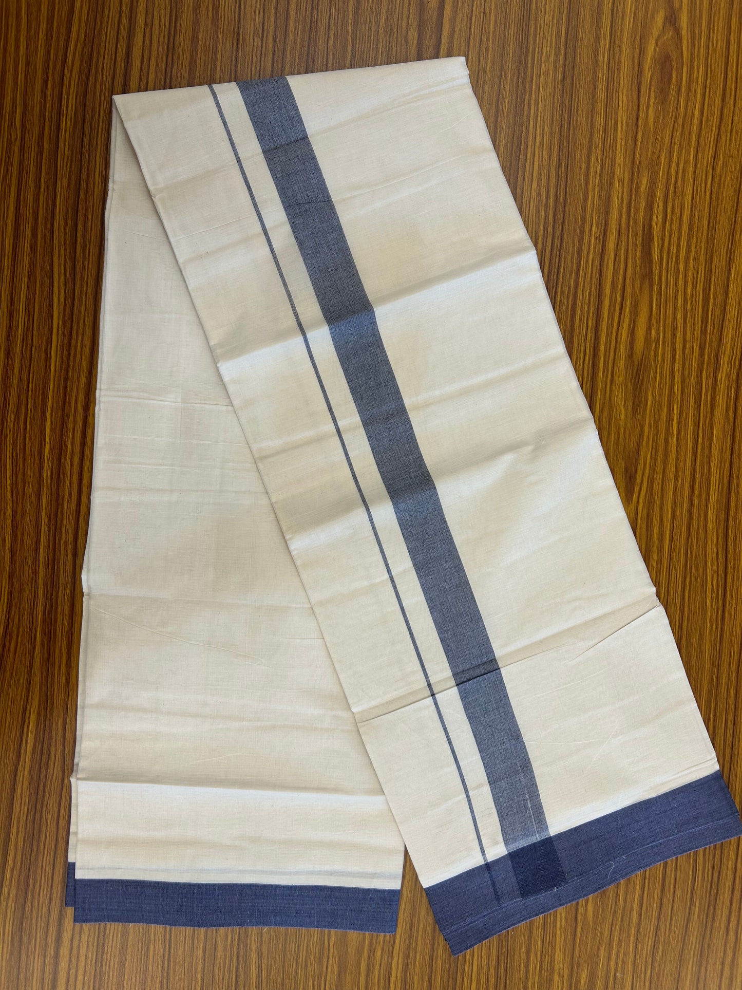 20% Discount ! KaithariKada Balaramapuram 100% Cotton Double Off White (Unbleached) - Mundu / Dhoti- 100x80 -  1.5 inch Black & Blue Shaded Kara 4 mtr (8.5 Muzham) - 12 KK5371 VIN