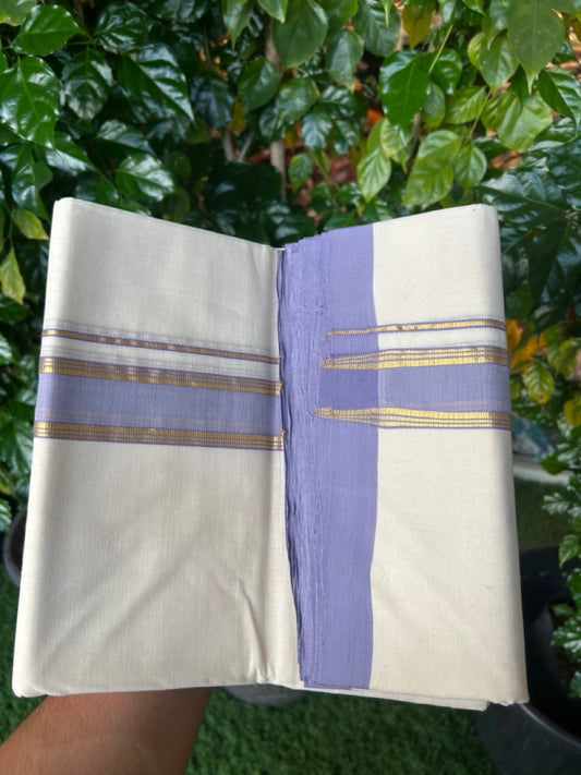 25% Discount ! KaithariKada Handloom Millpaav Balaramapuram - Cotton Off White (Unbleached) Double Mundu/Dothi - 80x90 - 1.25 inch Gold Kasav & Lavander  Stripes Mulloth Kara 4 Meters (8.5 Muzham) - 110 KK5256 RAM