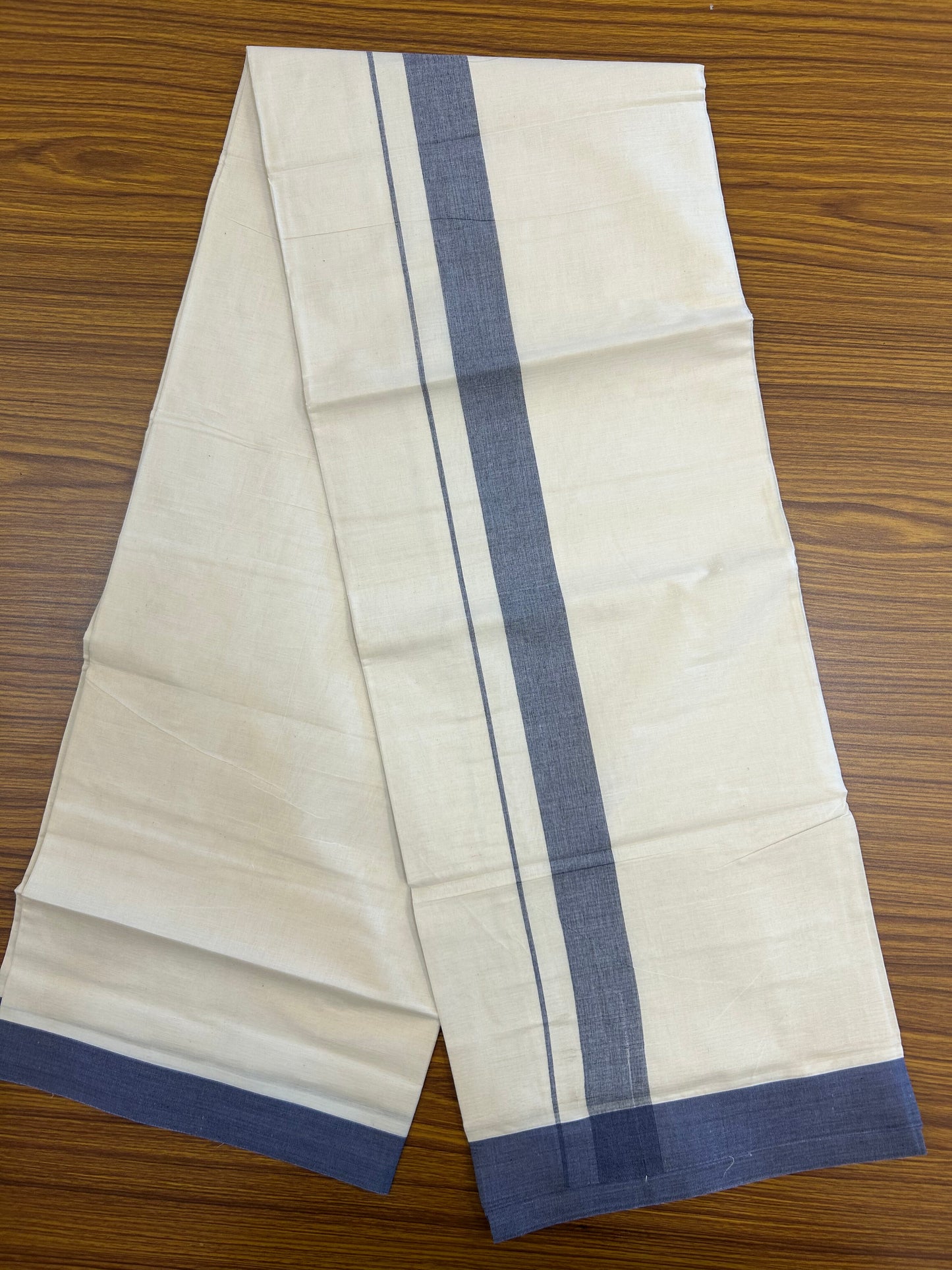 20% Discount ! KaithariKada Balaramapuram 100% Cotton Double Off White (Unbleached) - Mundu / Dhoti- 100x80 -  1.5 inch Black & Blue Shaded Kara 4 mtr (8.5 Muzham) - 12 KK5371 VIN