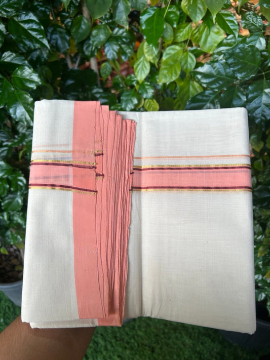 25% Discount ! KaithariKada Handloom Milpaav Balaramapuram -  Cotton Off White (Unbleached) Double Mundu/Dothi - 80x90 - 1.25 inch Gold Kasavu stripes Brown & Peach Mulloth Kara 4 Meters (8.5 Muzham) - 108 KK5256 RAM