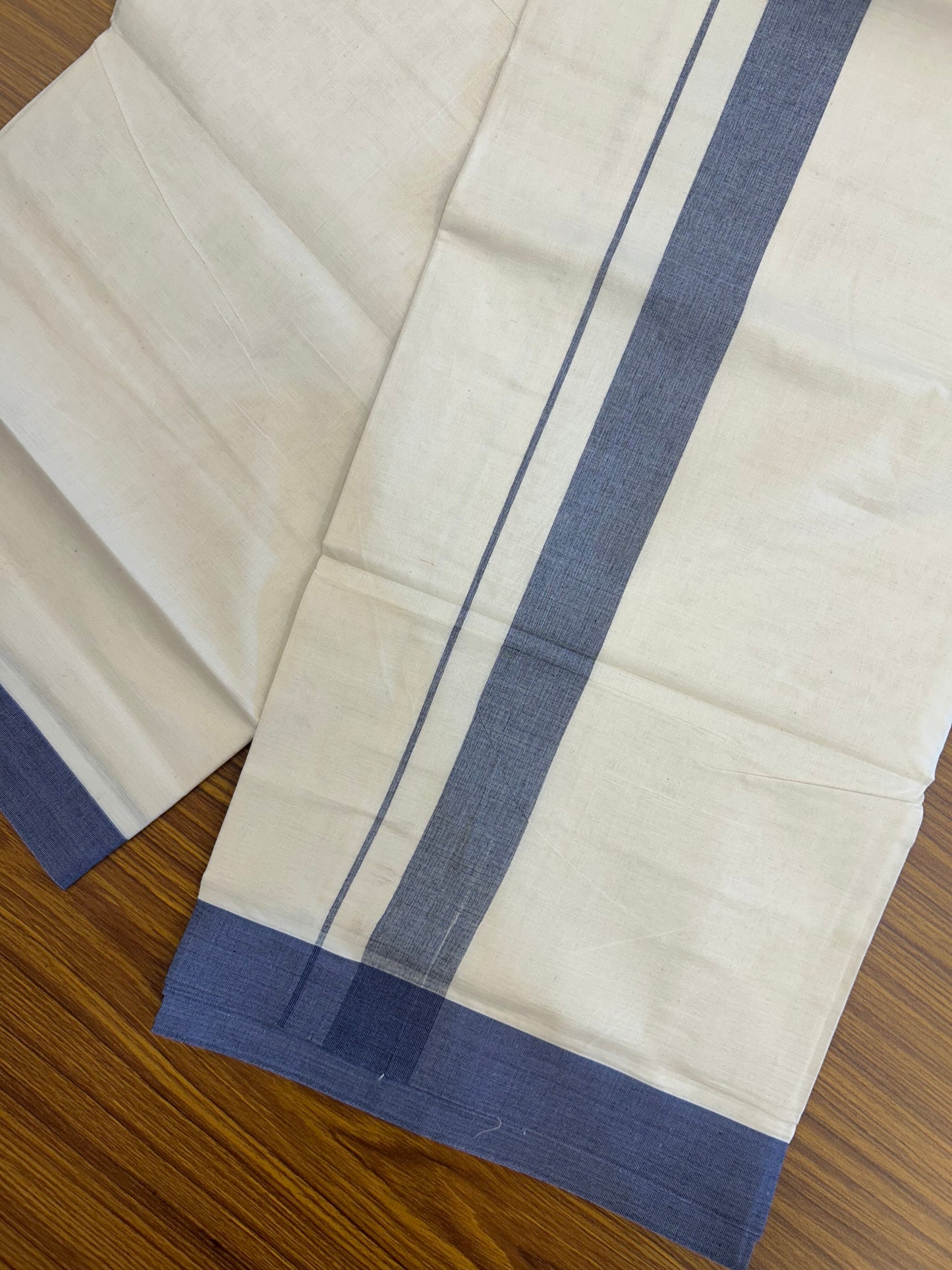 20% Discount ! KaithariKada Balaramapuram 100% Cotton Double Off White (Unbleached) - Mundu / Dhoti- 100x80 -  1.5 inch Black & Blue Shaded Kara 4 mtr (8.5 Muzham) - 12 KK5371 VIN